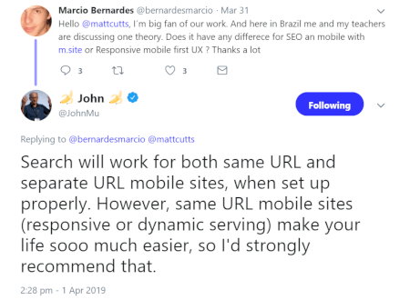 Screenshot Tweet Johannes Müller selbe URLs für mobile und Desktop Webseiten