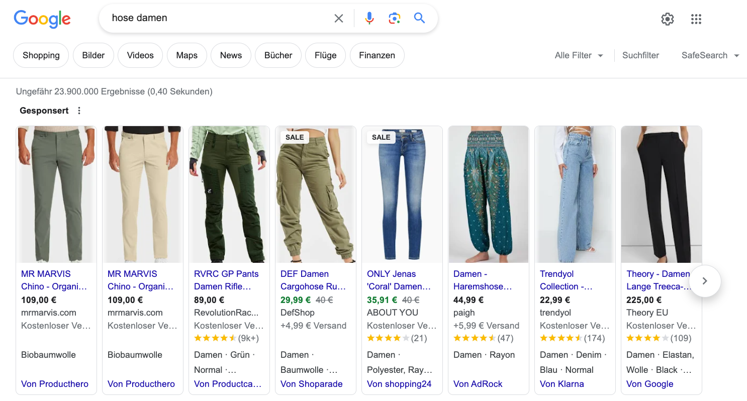 Google Shopping Anzeige für Hosen