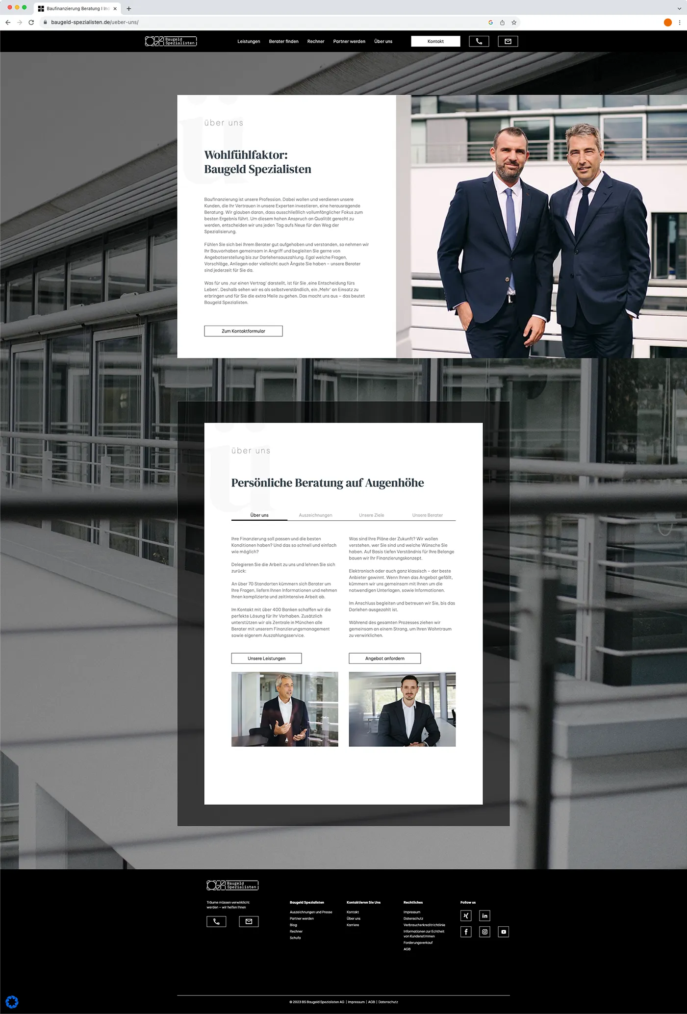 Screenshot neues Webdesign der Baugeld Spezialisten Über-Uns-Seite