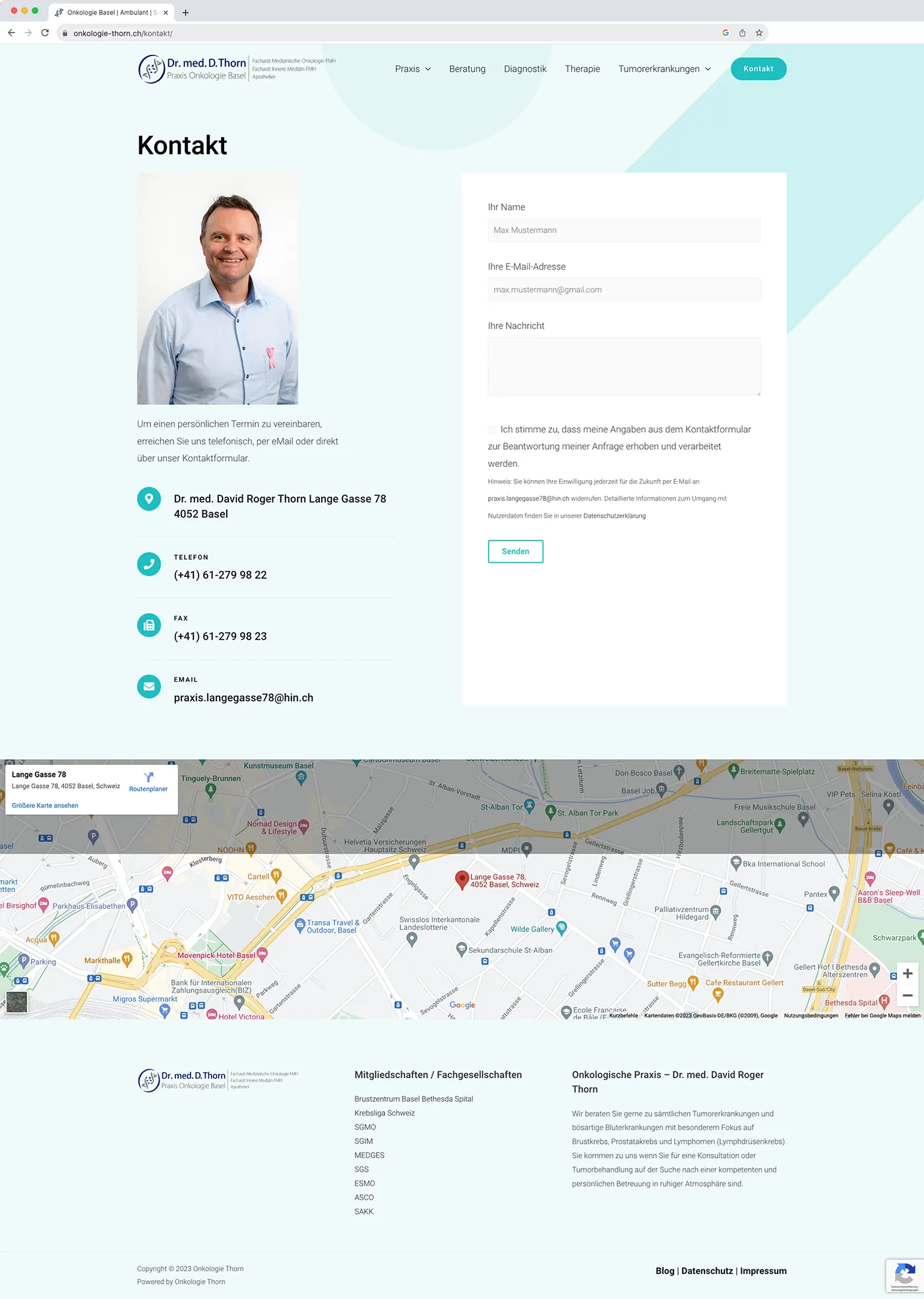 Screenshot neues Webdesign der Onkologie Praxi Basel Kontaktseite